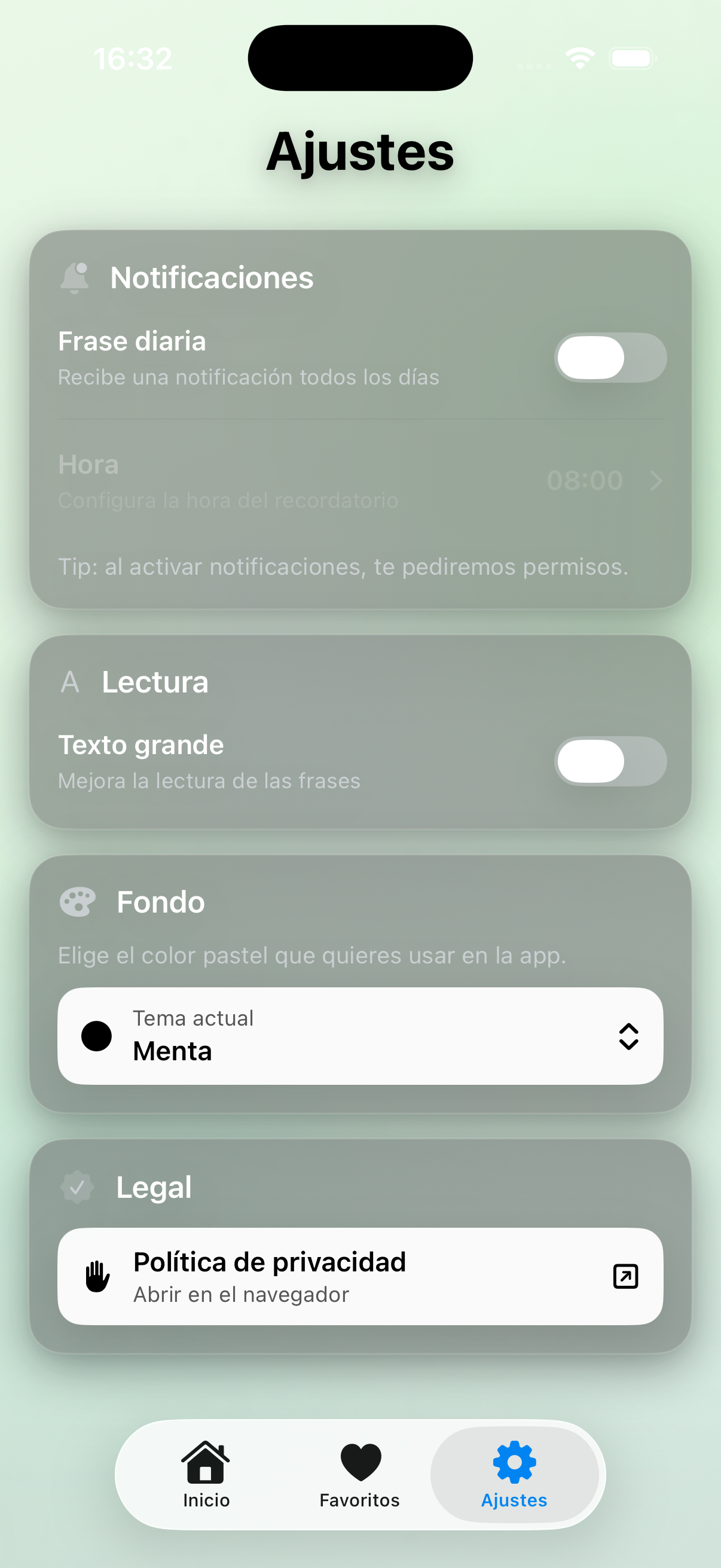 Pantalla de ajustes de MotivaHoy